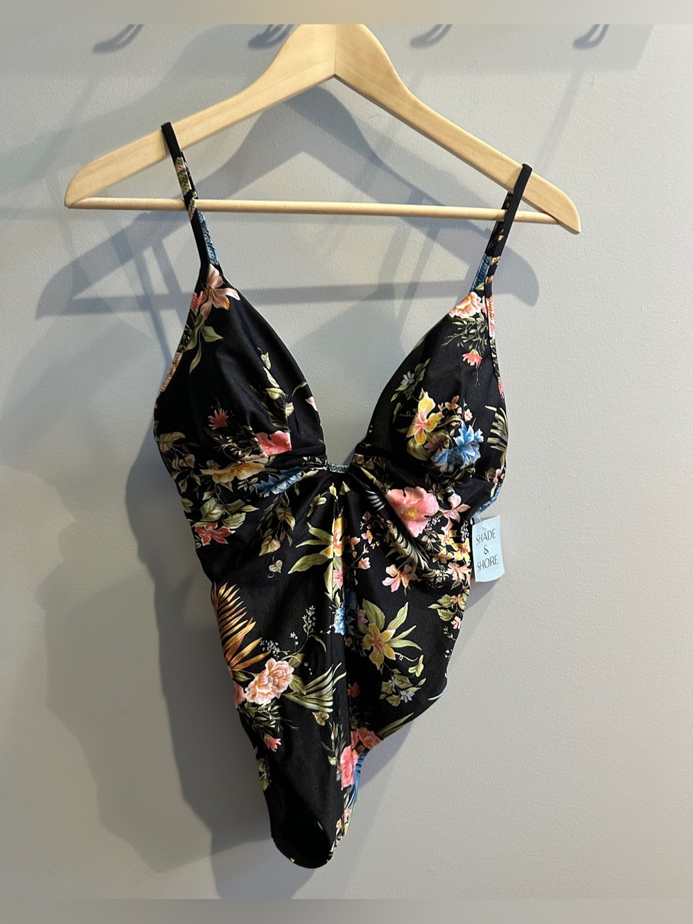 Shade & Shore Black One-Piece Swimsuit with Multicolor Floral Print